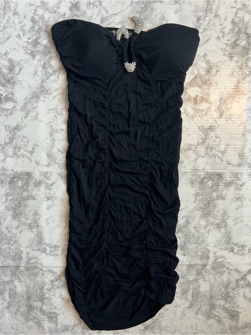 Derek Heart Couture Strapless BodyCon Black Ruched Dress with Diamond Accent - Picture 3 of 5